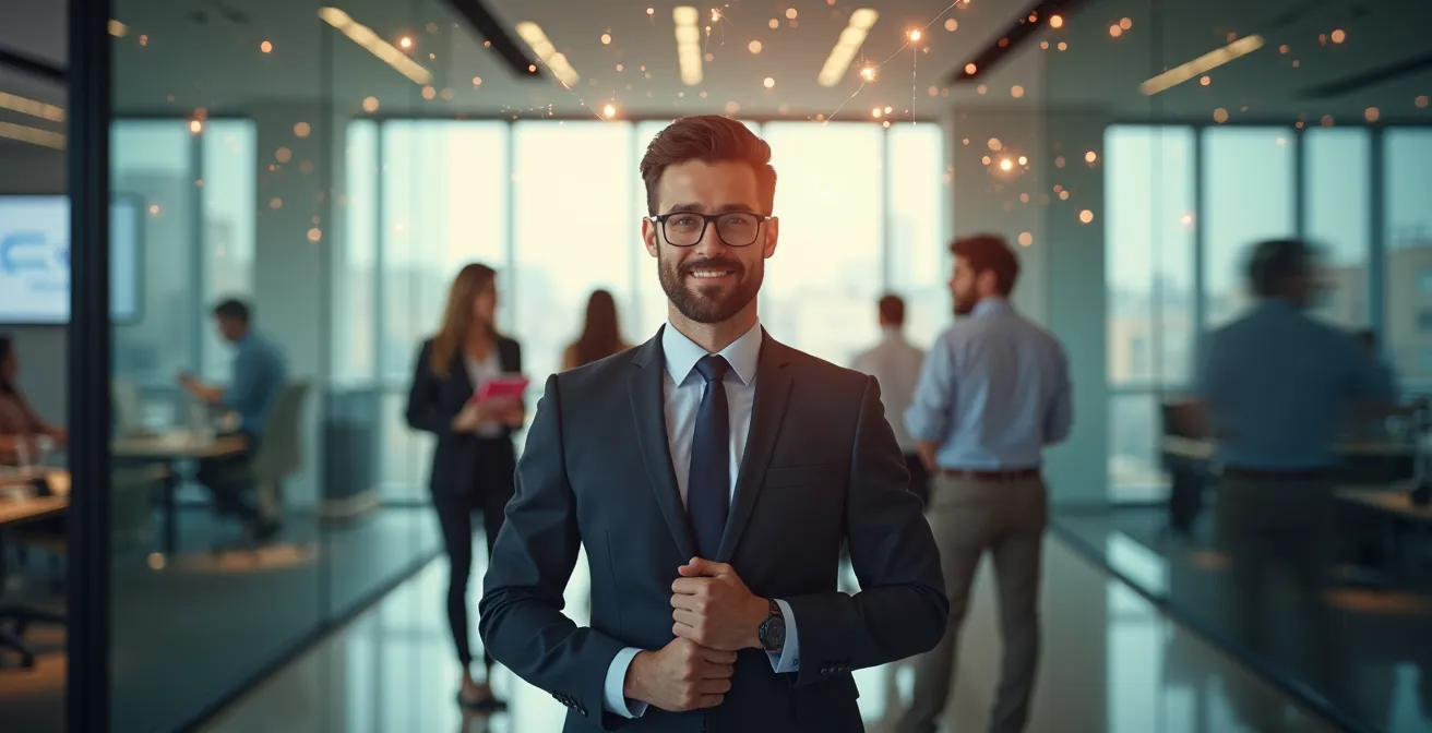 Agent immobilier professionnel dans un espace de coworking moderne entouré de collègues