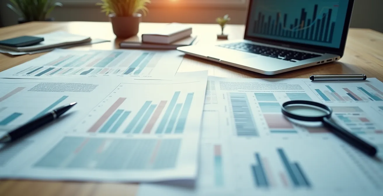 Vue en plongée d'un bureau avec documents juridiques et données météorologiques étalés