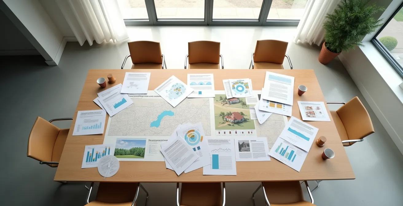 Vue large d'un espace de travail minimaliste avec cartes et documents d'analyse immobilière disposés sur une grande table