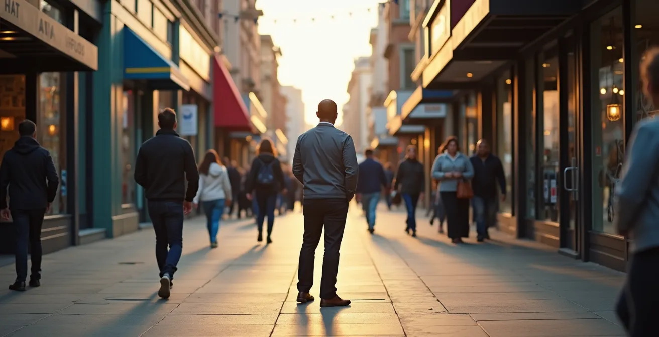 Perspective de rue commerciale montrant l'impact de la numérotation sur la visibilité des enseignes