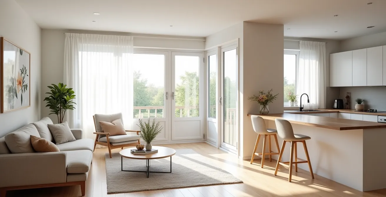 Intérieur lumineux d'un T2 parfaitement aménagé pour une visite locative