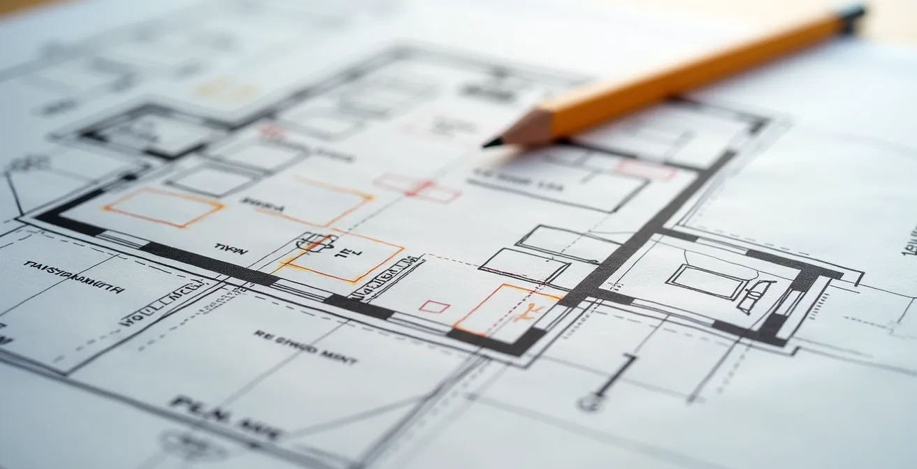 Vue macro d'un plan d'architecte montrant la division d'un séjour en deux chambres.