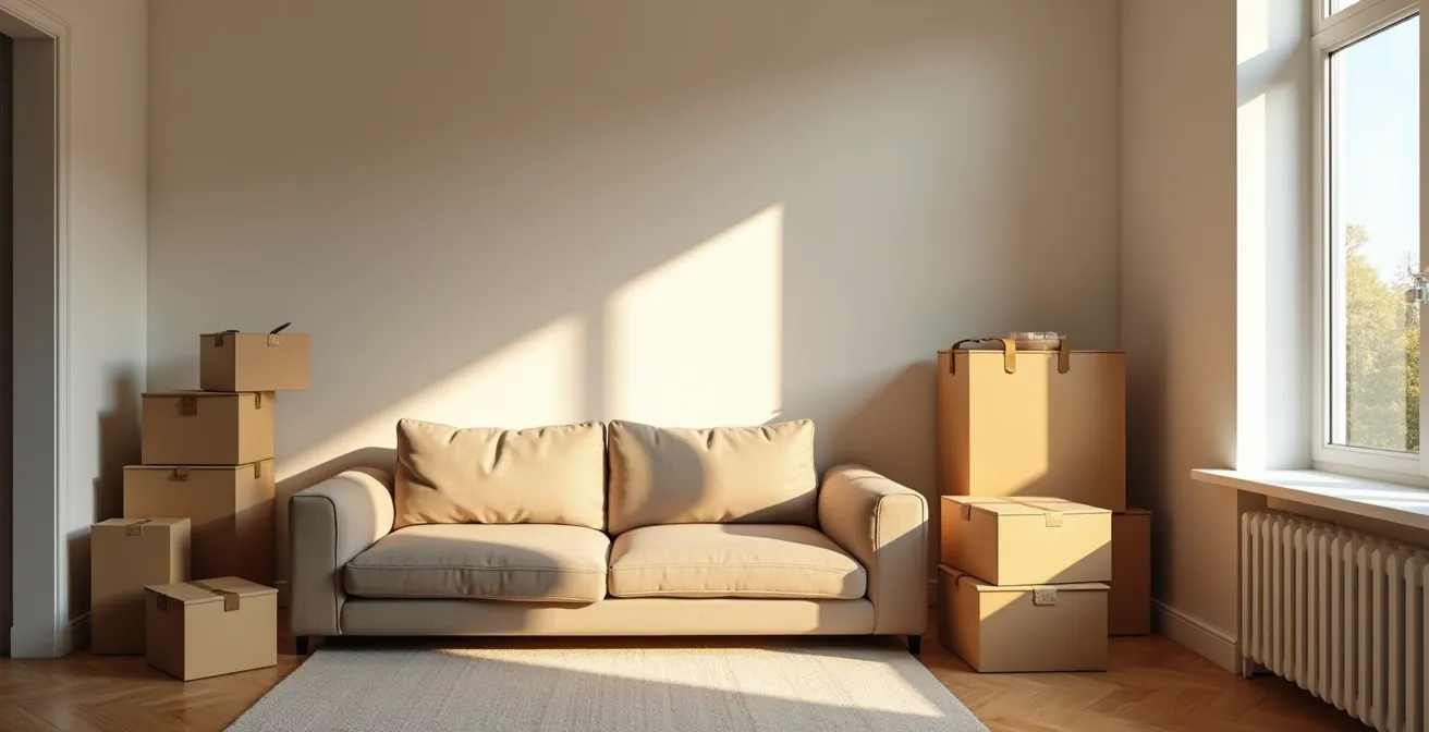 Intérieur d'appartement en cours d'ameublement avec cartons et nouveaux meubles