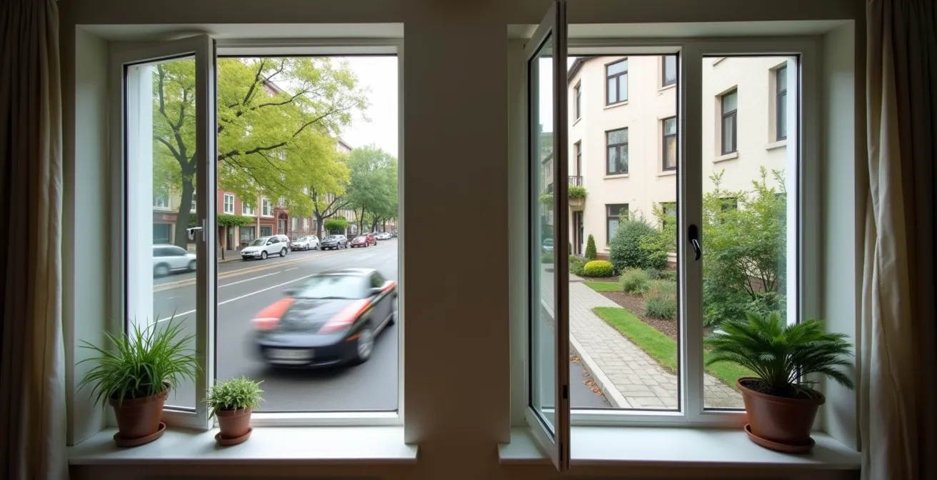 Comparaison architecturale entre vue sur rue animée et cour intérieure calme