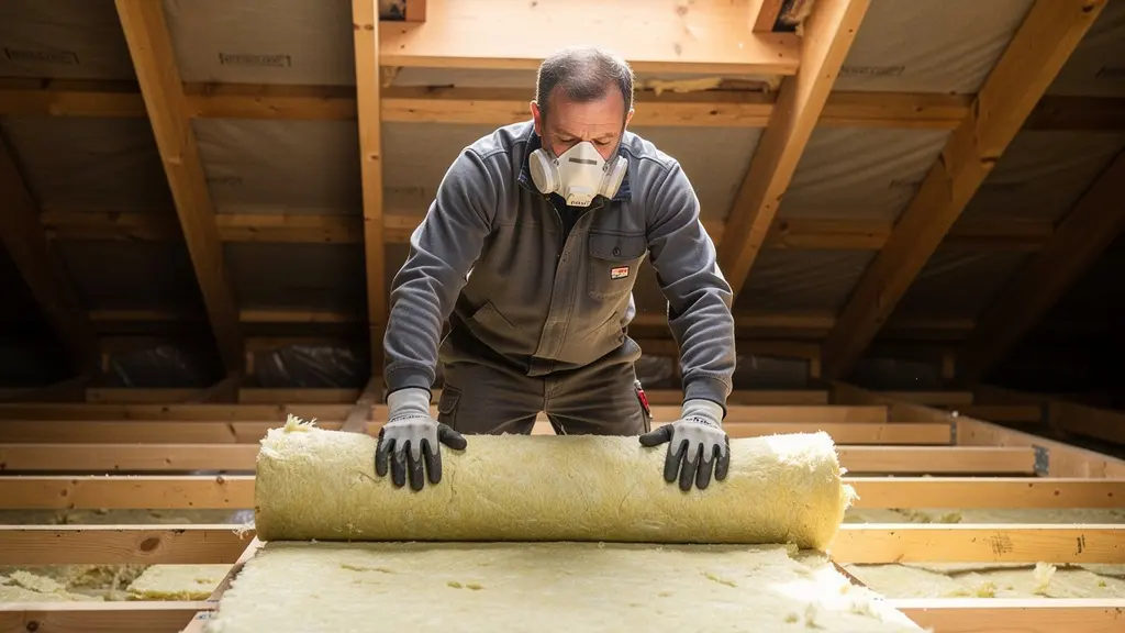Technicien installant de l'isolant dans des combles pour améliorer le DPE avant revente
