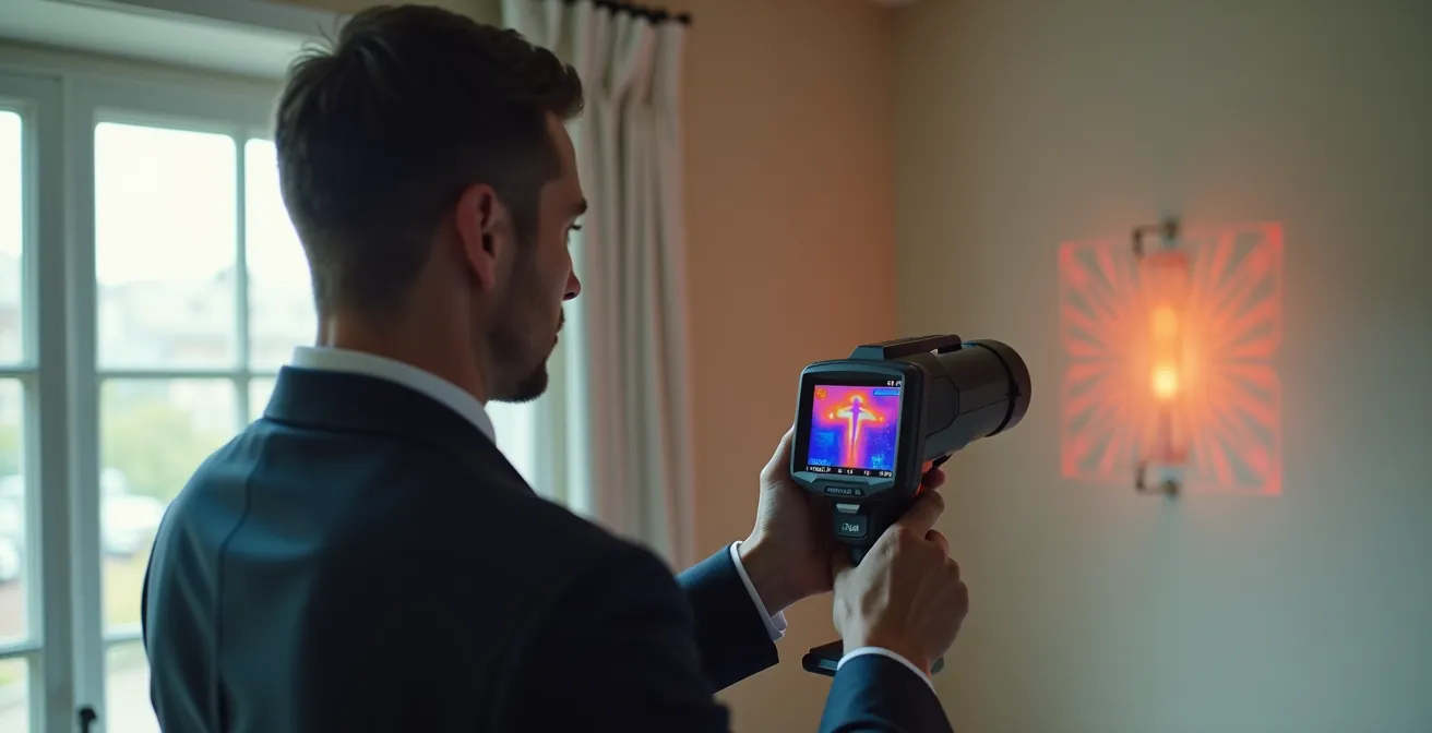 Technicien réalisant une analyse thermique d'un bâtiment avec caméra infrarouge