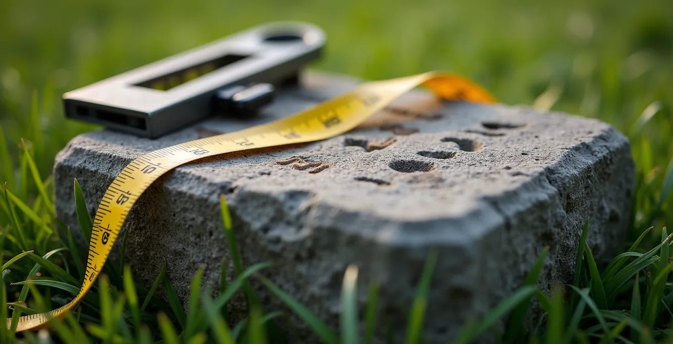 Gros plan sur une borne de géomètre en pierre plantée dans le sol avec ruban de mesure et niveau de chantier