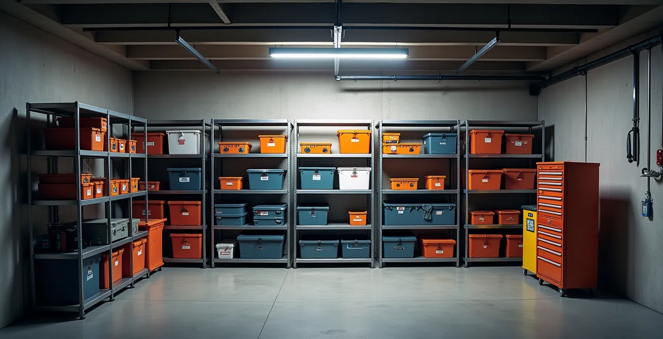 Vue intérieure d'un box garage avec rangement vertical et éclairage moderne