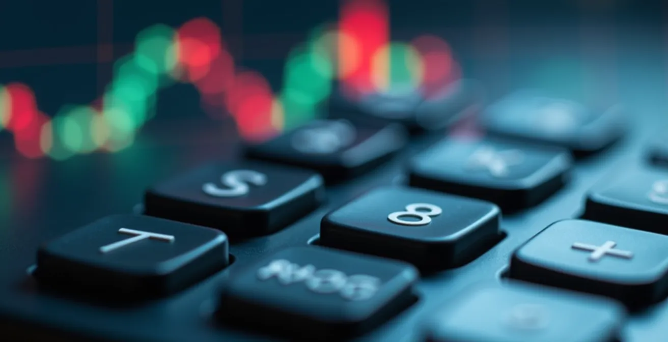 Gros plan sur une calculatrice moderne avec des graphiques financiers flous en arrière-plan