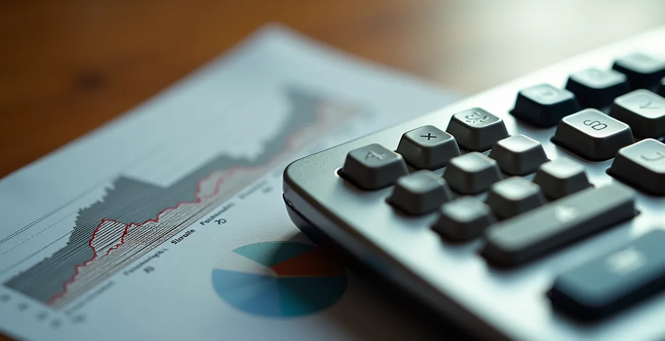 Calculatrice et documents financiers avec graphiques de rentabilité immobilière