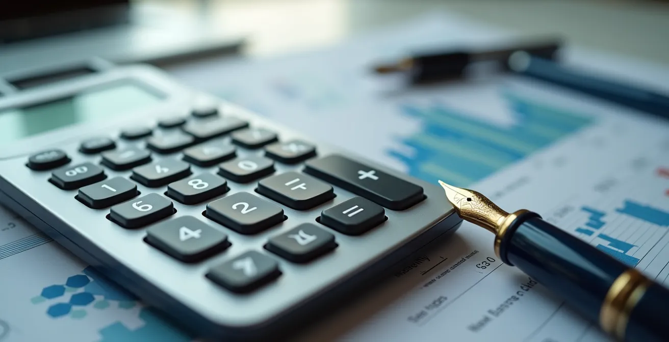 Bureau avec calculatrice professionnelle et documents financiers abstraits, ambiance lumineuse de cabinet