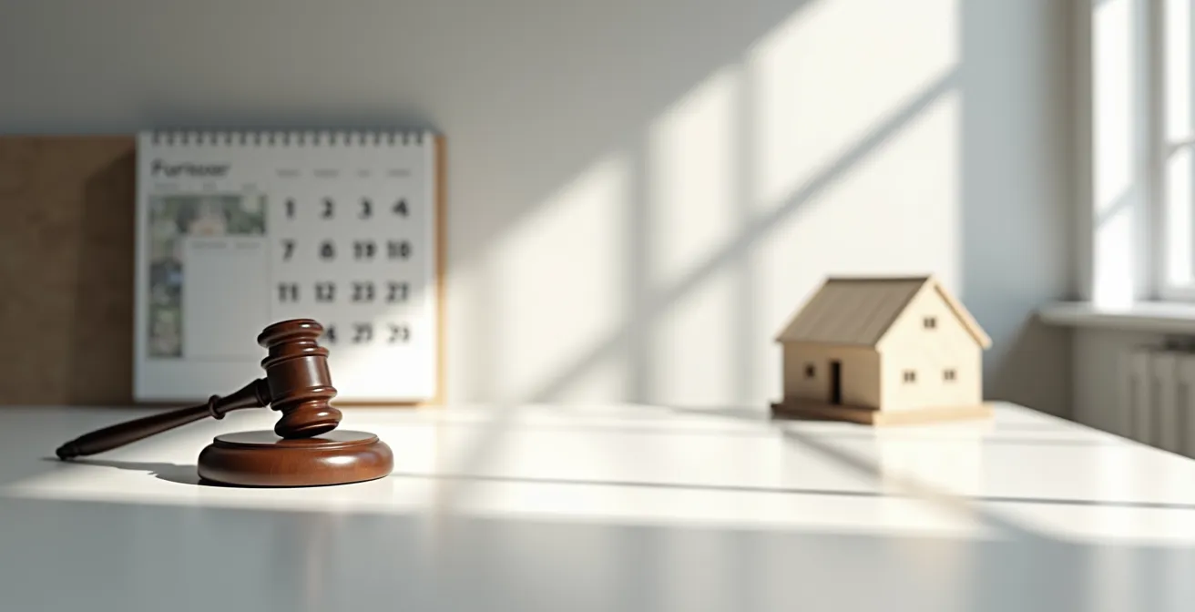 Calendrier avec marteau de justice symbolisant les dates clés de l'évaluation immobilière