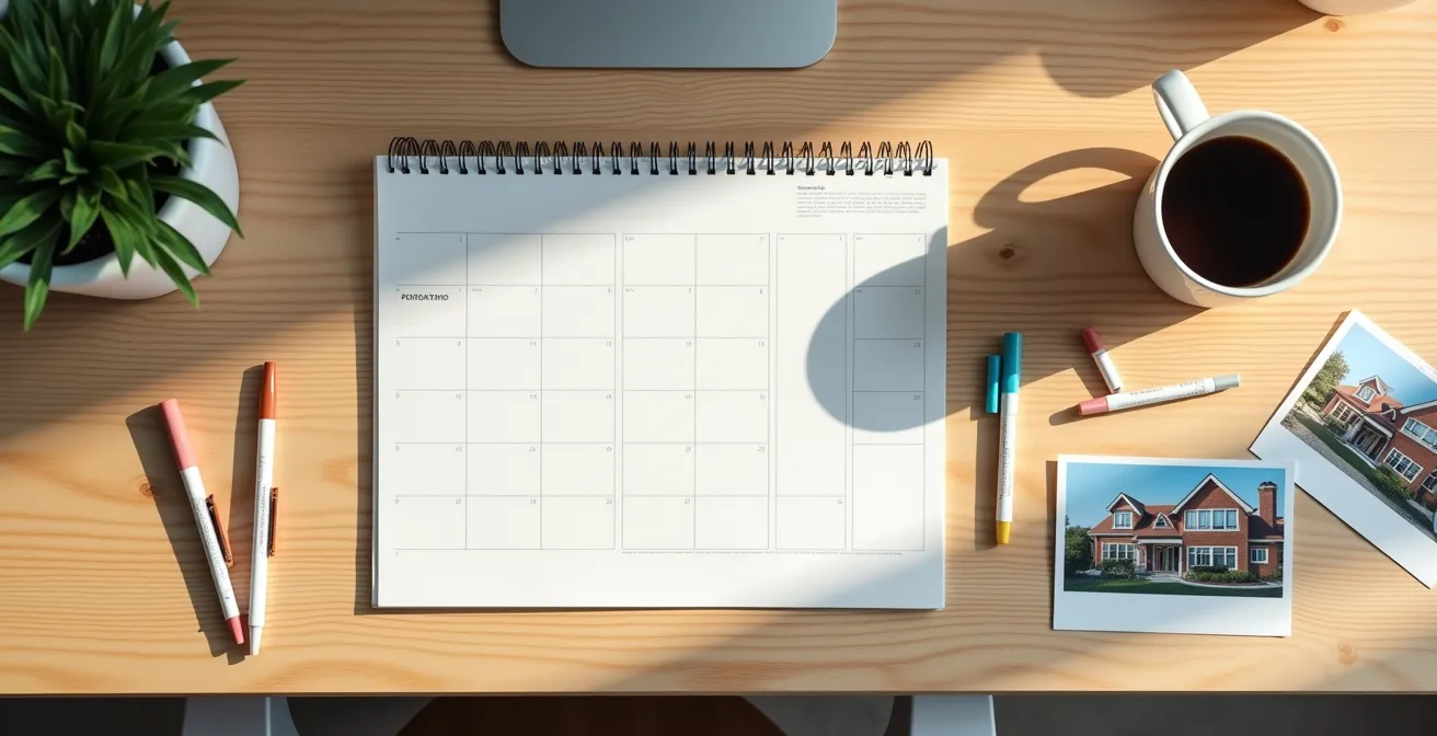 Vue aérienne minimaliste d'un bureau avec calendrier et documents immobiliers