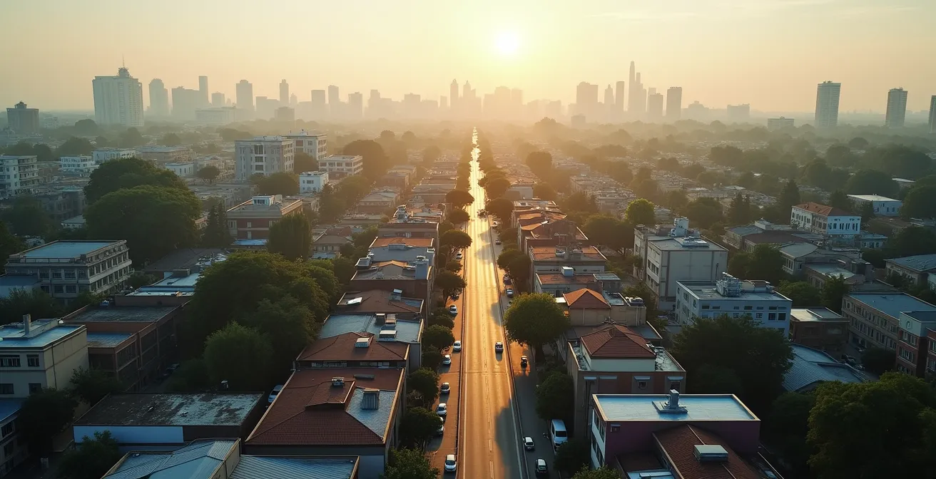 Vue aérienne d'un quartier urbain avec différentes zones colorées représentant les micro-marchés immobiliers
