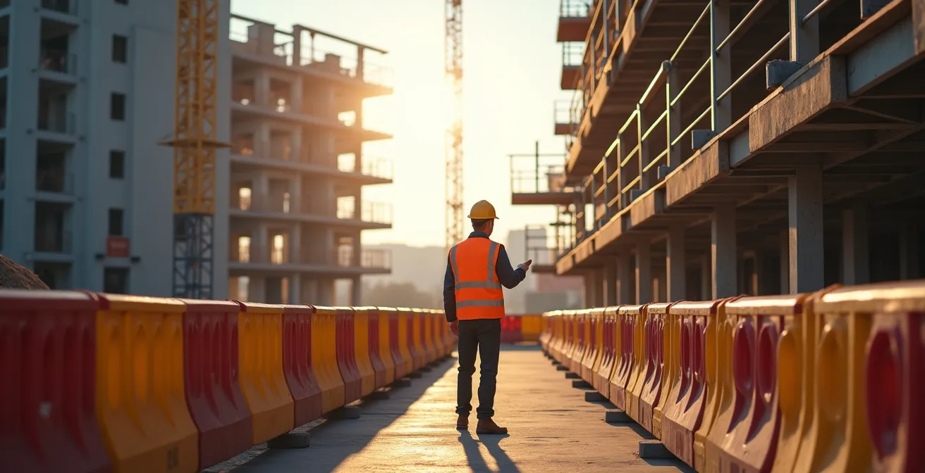 Inspecteur de sécurité vérifiant un chantier de construction avec équipements de protection