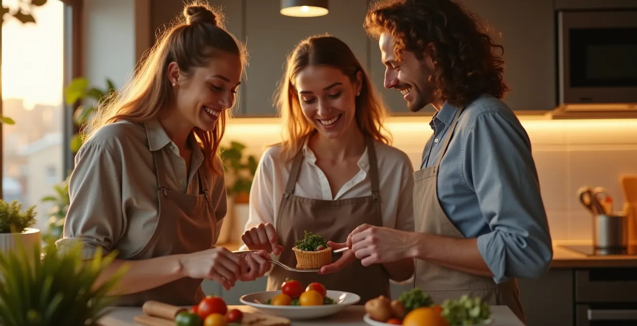 Vue d'une cuisine partagée moderne avec plusieurs colocataires préparant des repas ensemble