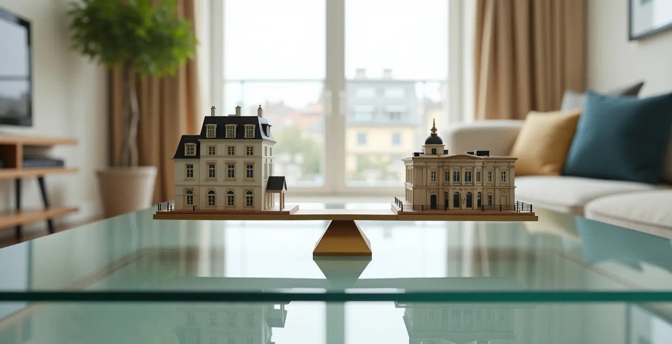 Balance équilibrée symbolisant le choix entre un investissement à faible rendement mais forte valorisation patrimoniale (Paris) et un investissement à haut rendement mais faible valorisation (province).