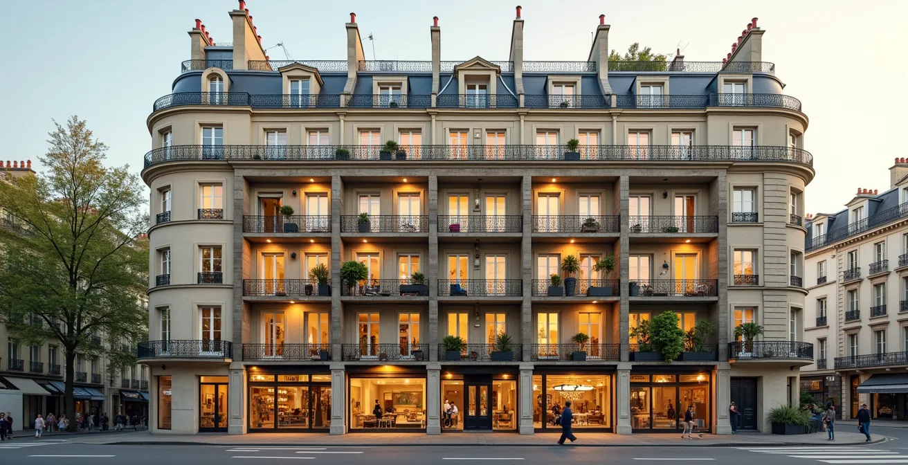 Coupe latérale d'un immeuble haussmannien montrant les différents étages avec des variations de luminosité et d'aménagement