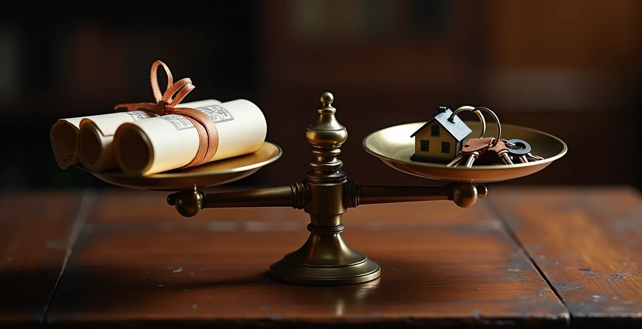Balance symbolique équilibrant documents fiscaux et clés de maison