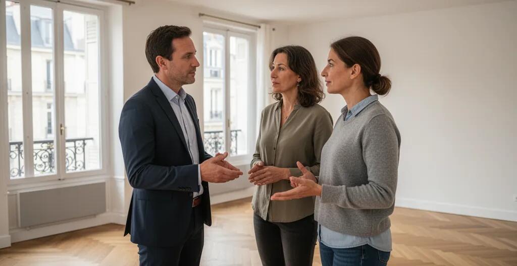 Conseiller immobilier échangeant avec un couple dans un appartement lumineux à visiter