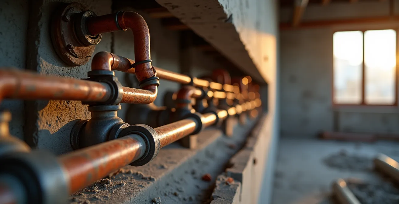 Coupe technique d'un immeuble montrant les contraintes de plomberie et structure