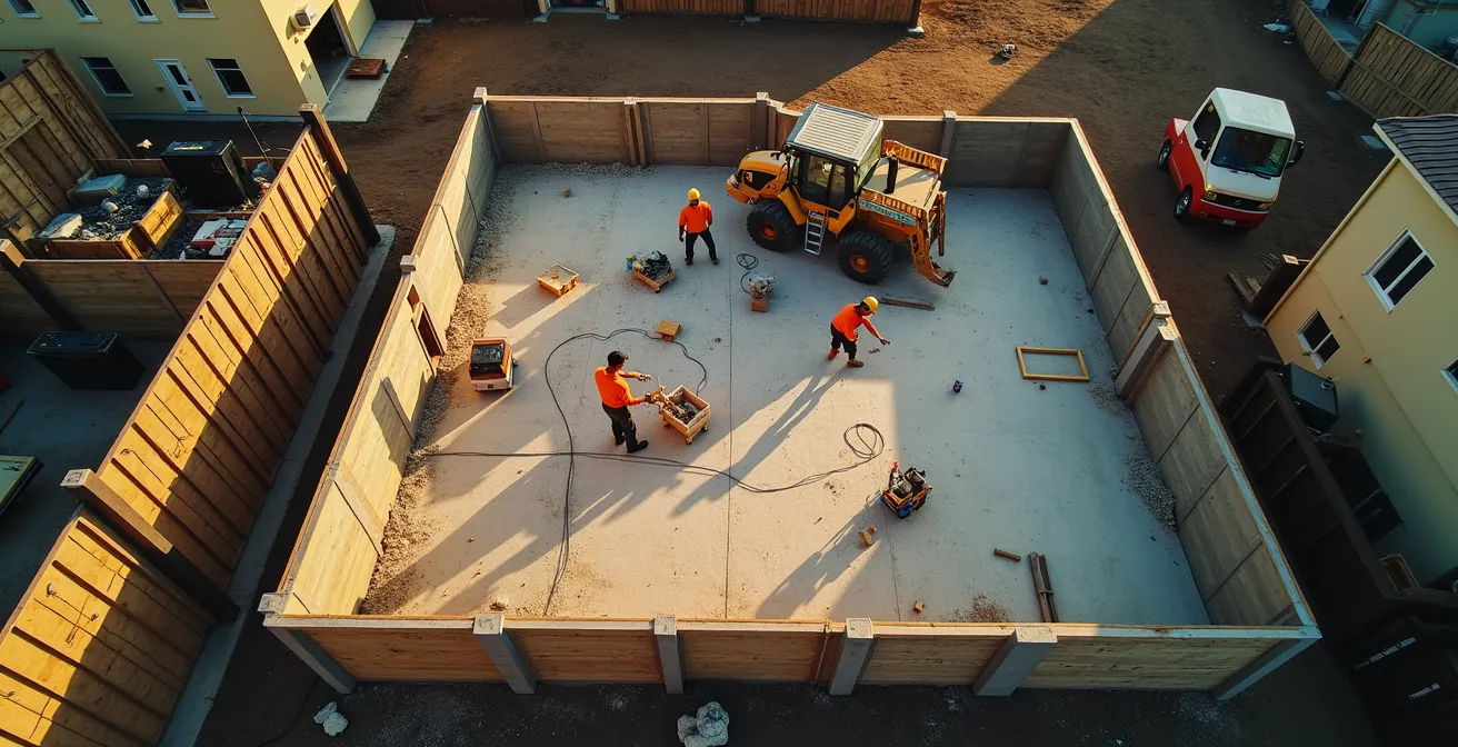Vue aérienne d'un chantier résidentiel désorganisé avec multiples corps de métier travaillant simultanément sans coordination