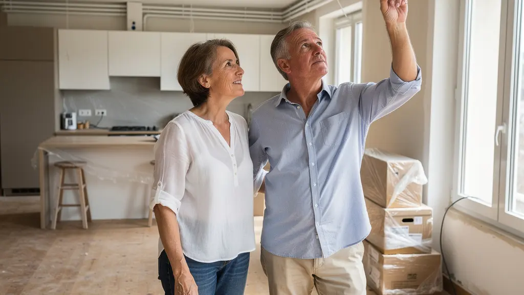 Couple quinquagénaire visitant un appartement lumineux en rénovation pour évaluer les travaux de valorisation immobilière