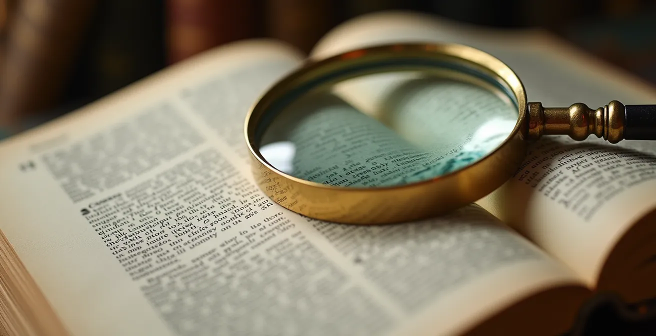 Gros plan sur un dictionnaire ouvert avec une loupe grossissant des termes immobiliers