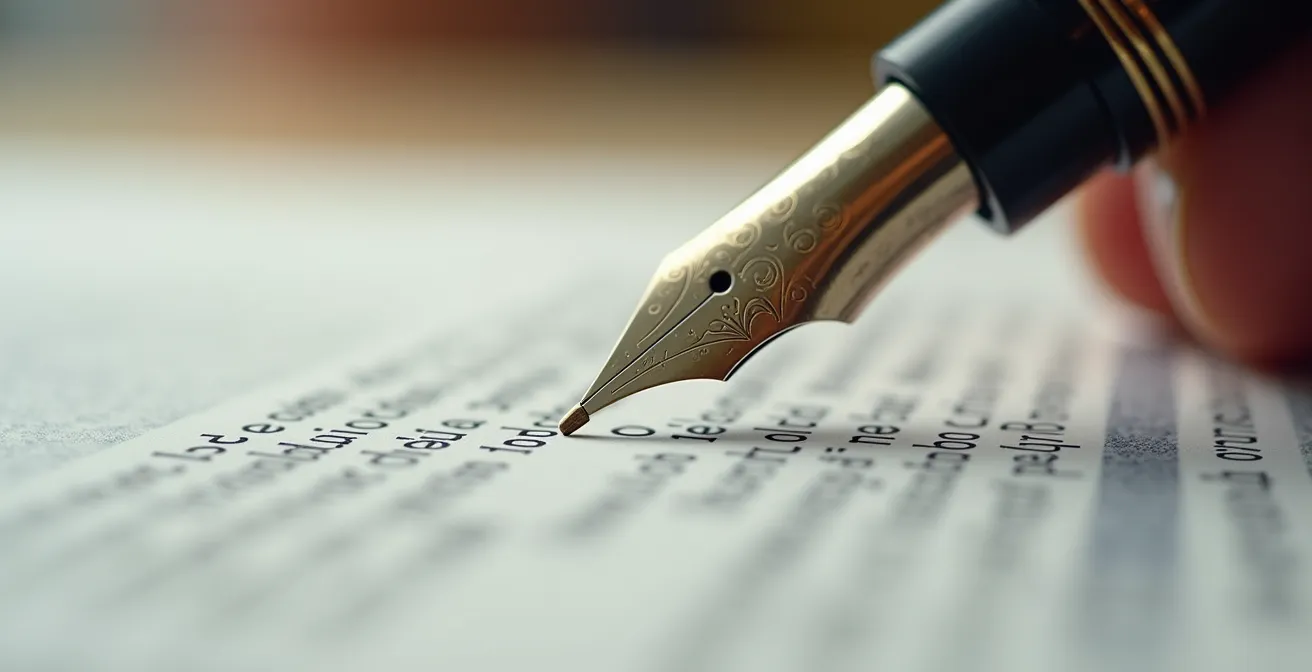 Vue macro d'une signature sur un document de garantie bancaire avec stylo plume professionnel