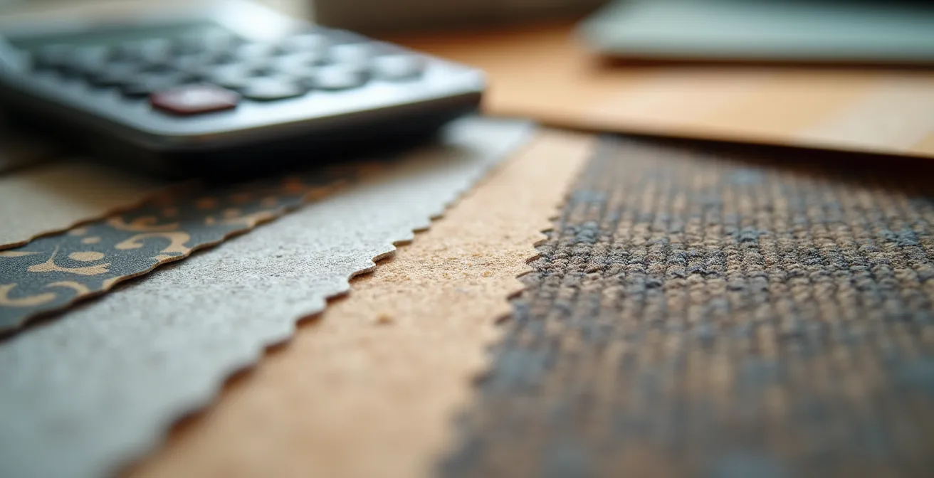 Bureau avec échantillons de matériaux et calculatrice pour estimation TMA