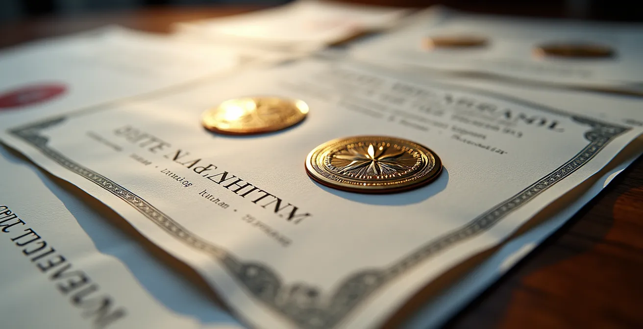 Gros plan sur des documents professionnels certifiés avec tampons officiels abstraits