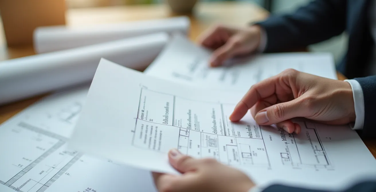 Mains consultant des documents d'urbanisme sur une table avec plans de terrain flous en arrière-plan