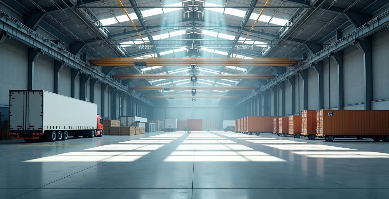 Vue intérieure d'un entrepôt logistique moderne avec équipements industriels et quais de chargement