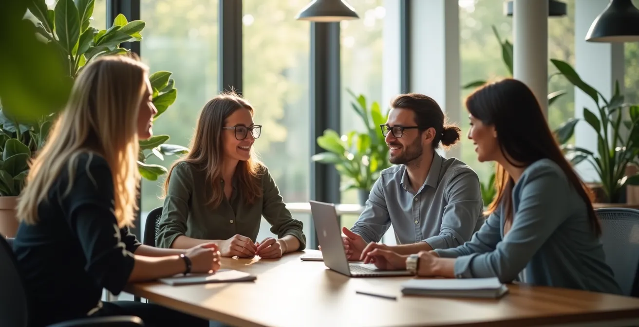 Espace de travail collaboratif moderne avec zones de détente et végétalisation