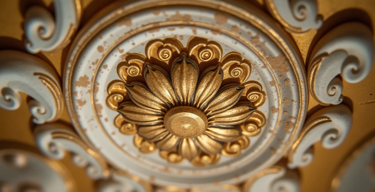 Détail architectural macro d'ornements haussmanniens dorés avec profondeur de champ ultra-courte