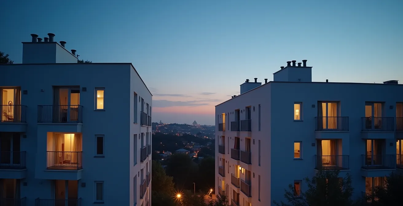 Vue minimaliste d'un quartier moderne avec architecture contemporaine au crépuscule