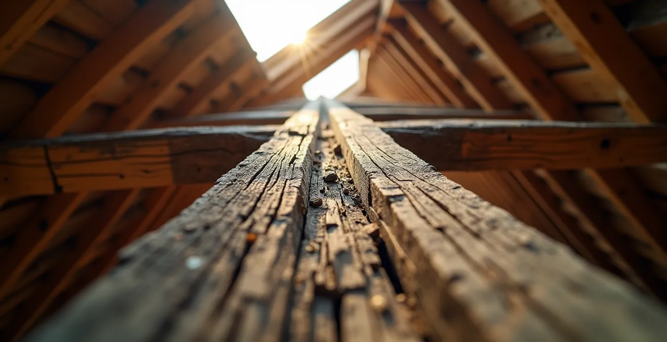 Vue macro détaillée des textures d'un grenier ancien avec poutres en bois et lumière naturelle filtrant à travers