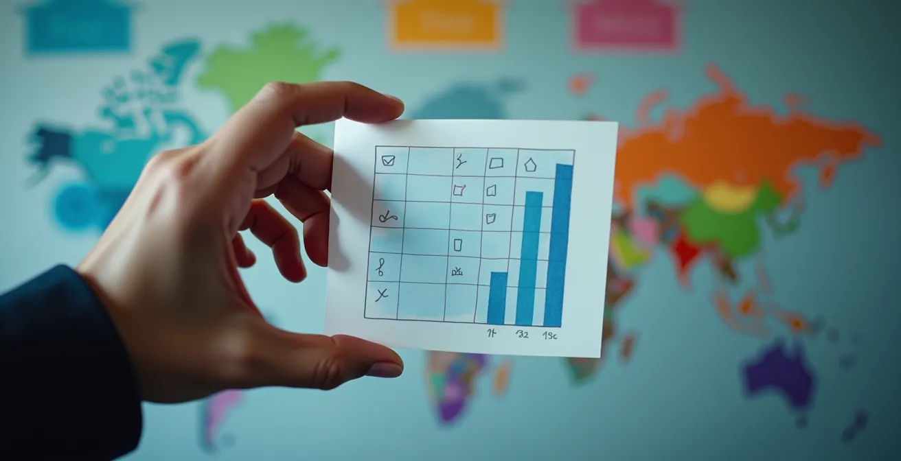 Main tenant une checklist avec cases cochées devant un écran flou d'annonces immobilières