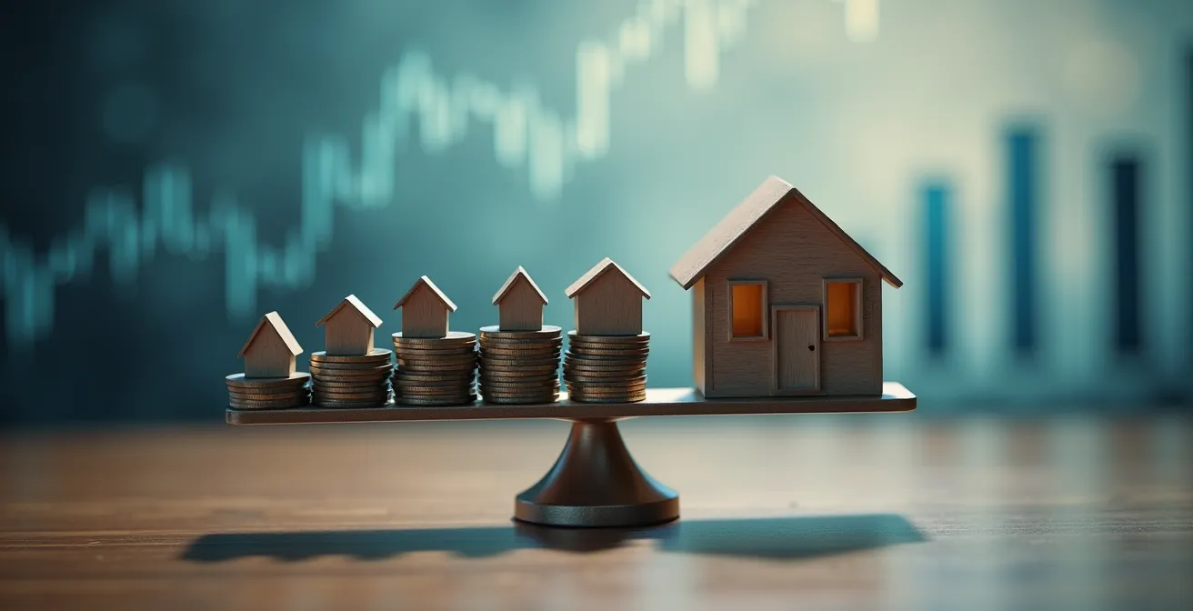 Graphique abstrait montrant l'évolution du pouvoir d'achat immobilier avec des courbes colorées