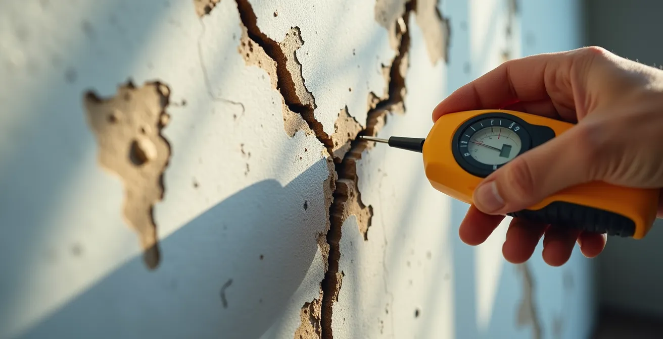 Inspection détaillée d'une fissure murale avec hygromètre et outils de diagnostic