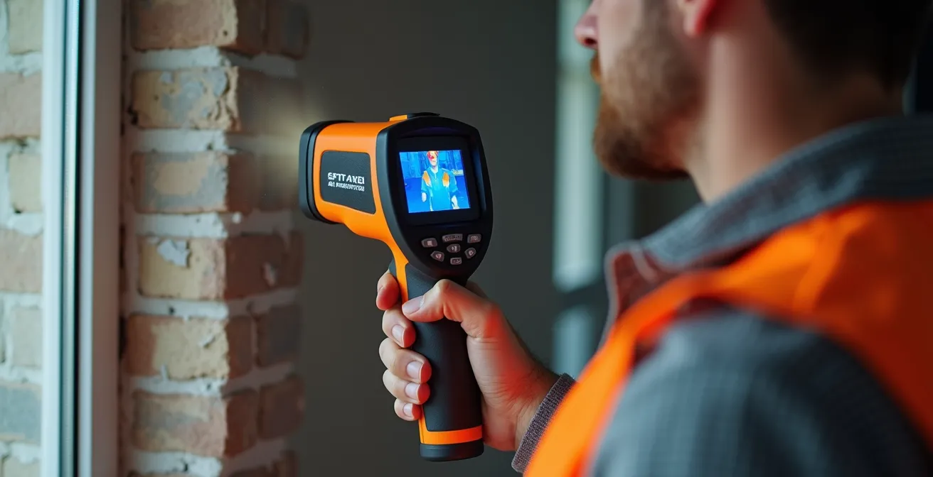 Inspecteur immobilier examinant les détails techniques d'une propriété avec outils de mesure professionnels