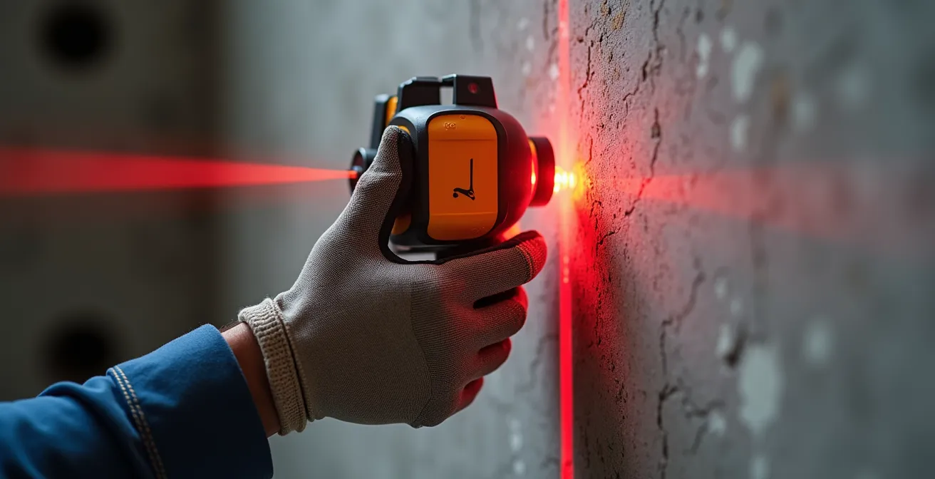 Gros plan sur des mains tenant un niveau laser dans un appartement en construction