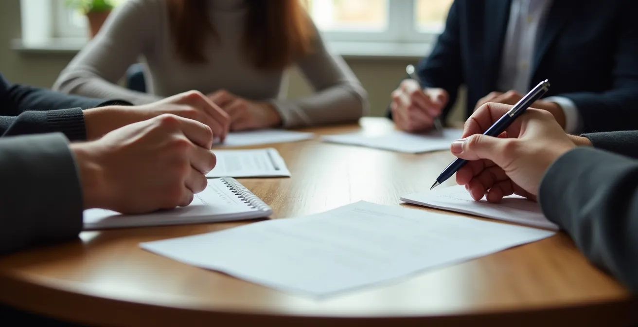 Réunion de famille autour d'une table pour discussion patrimoniale