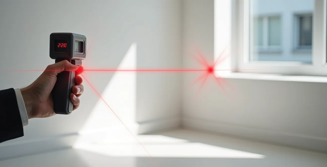 Professionnel effectuant le métrage d'un appartement avec télémètre laser