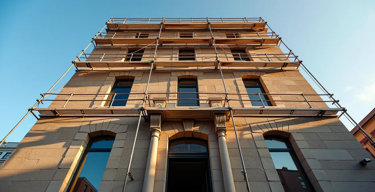 Vue architecturale d'un bâtiment historique en cours de rénovation avec échafaudages