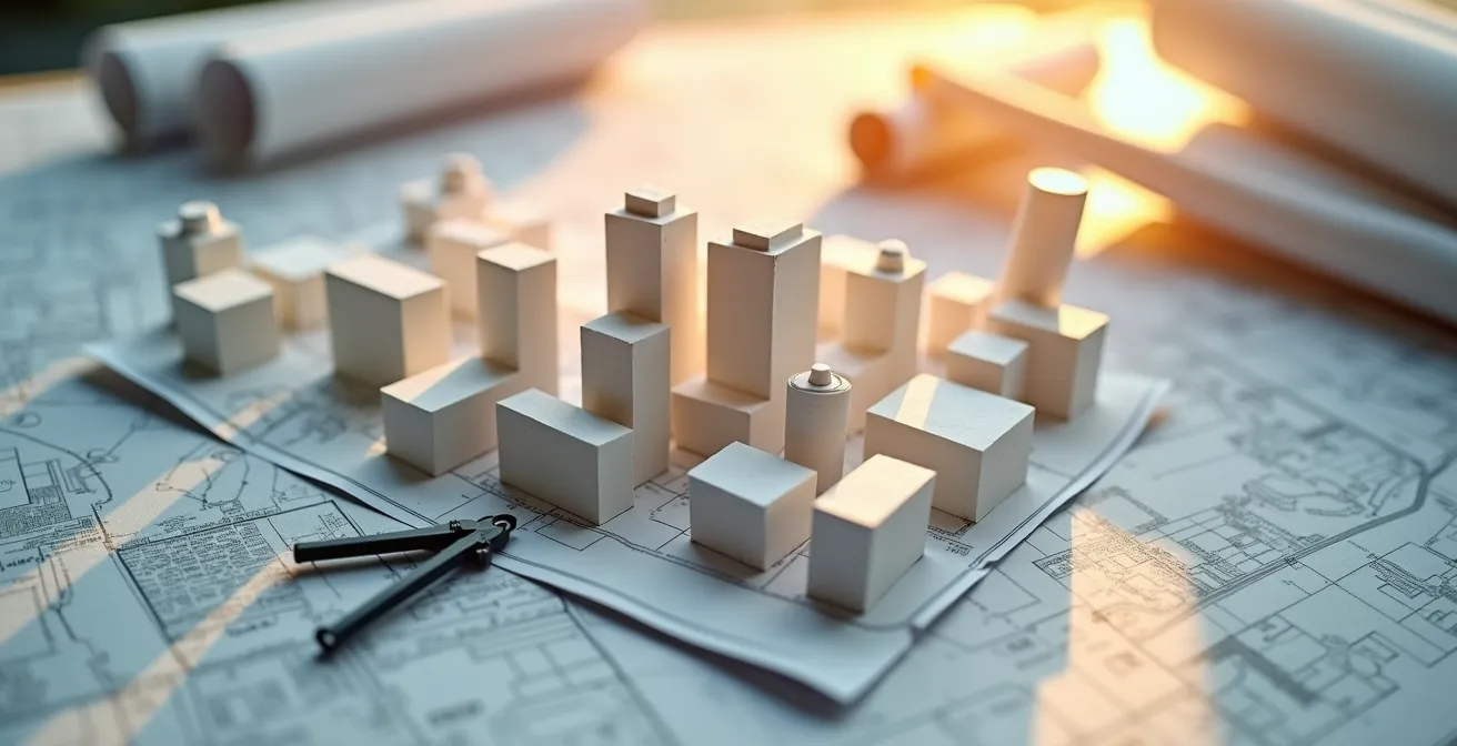 Vue aérienne d'un quartier urbain avec zonage visible montrant les différentes zones d'aménagement