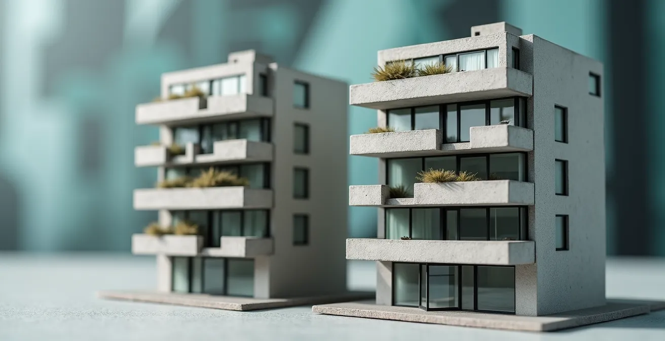 Juxtaposition visuelle d'immeubles neufs identiques avec des étiquettes de prix différentes symbolisant la surcote des biens de défiscalisation