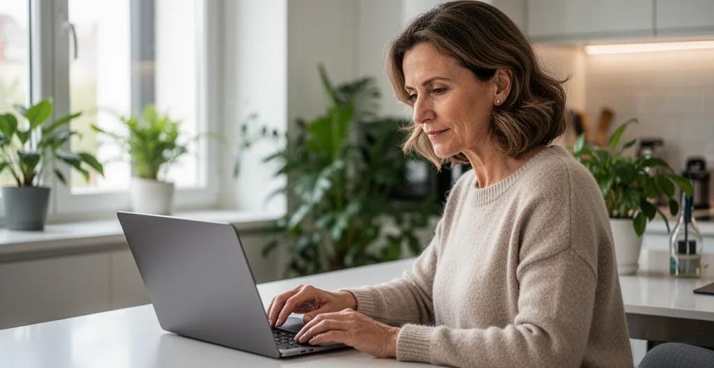 Propriétaire consultant les garanties locatives sur ordinateur dans sa cuisine