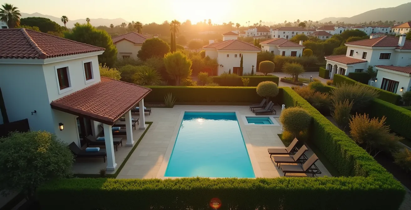 Vue aérienne d'une propriété avec piscine et extensions visibles