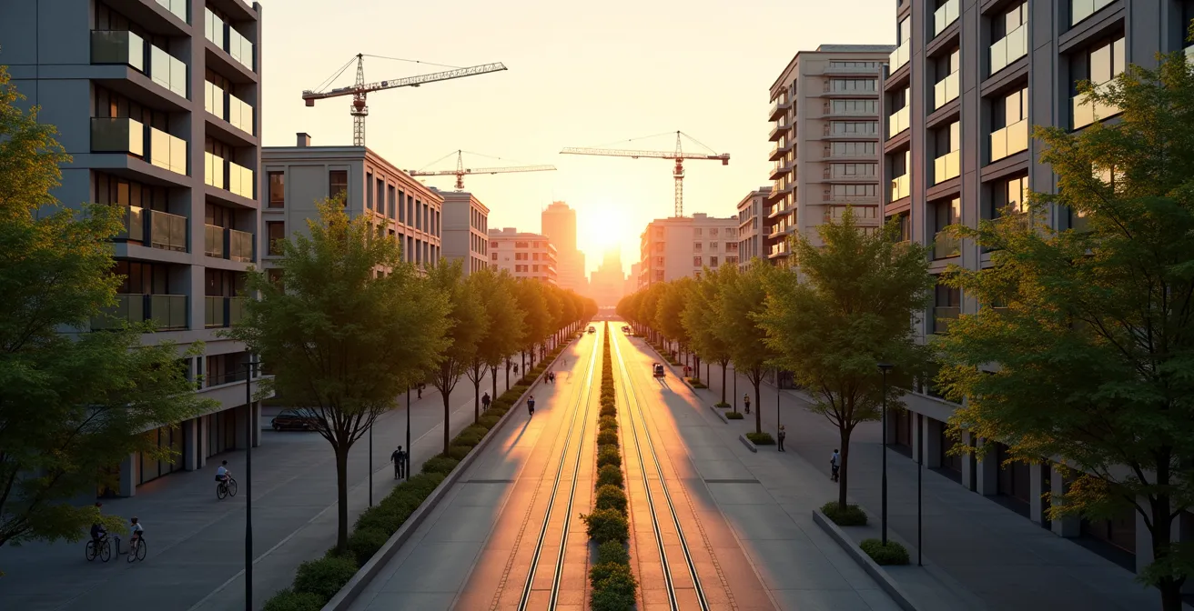 Vue aérienne d'un quartier en transformation avec grues et nouveaux immeubles